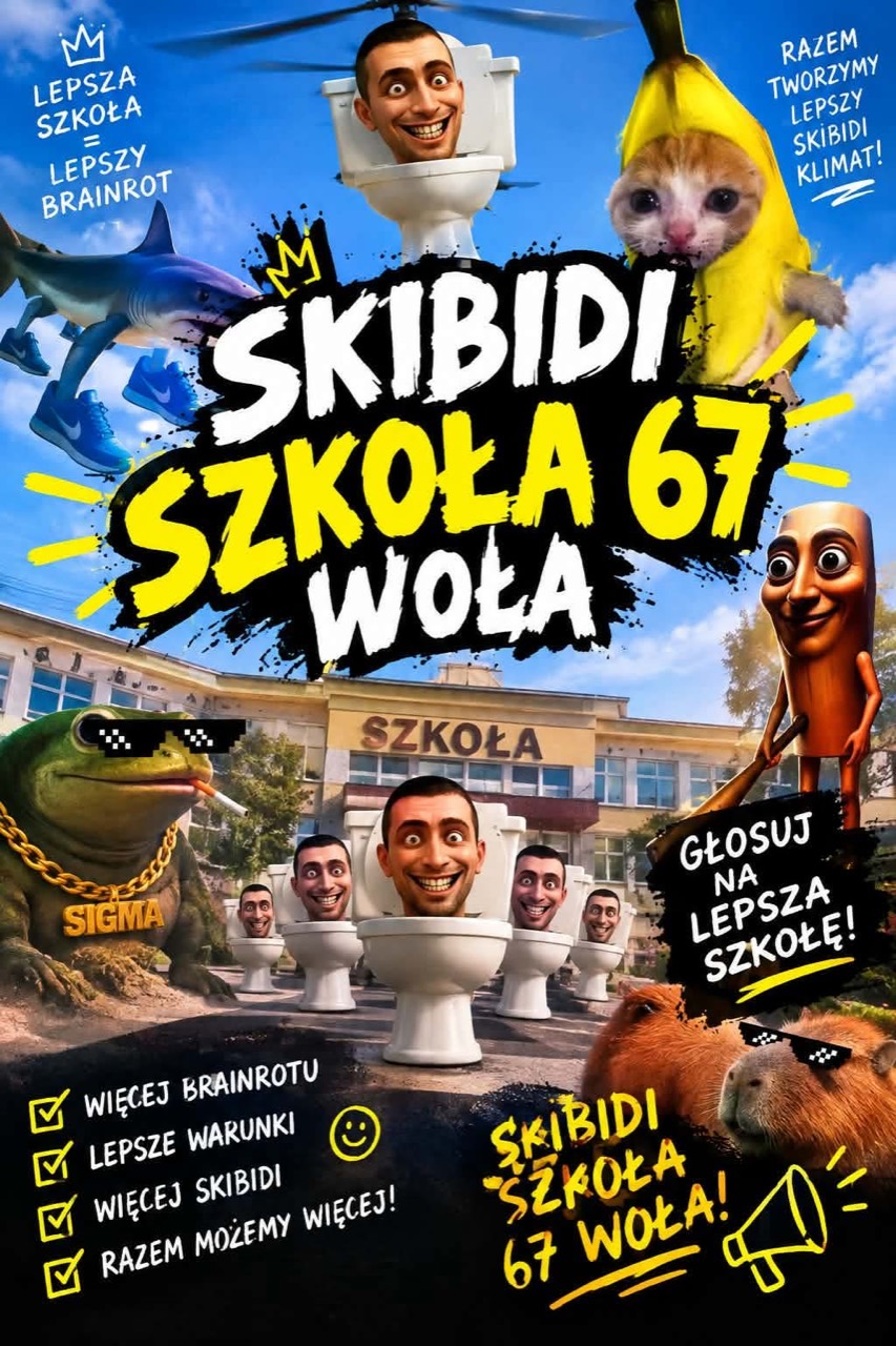 Kampanijny plakat Skibidi Szkoła 67 Woła z hasłem o lepszej szkole i bardziej brainrotowym klimacie.